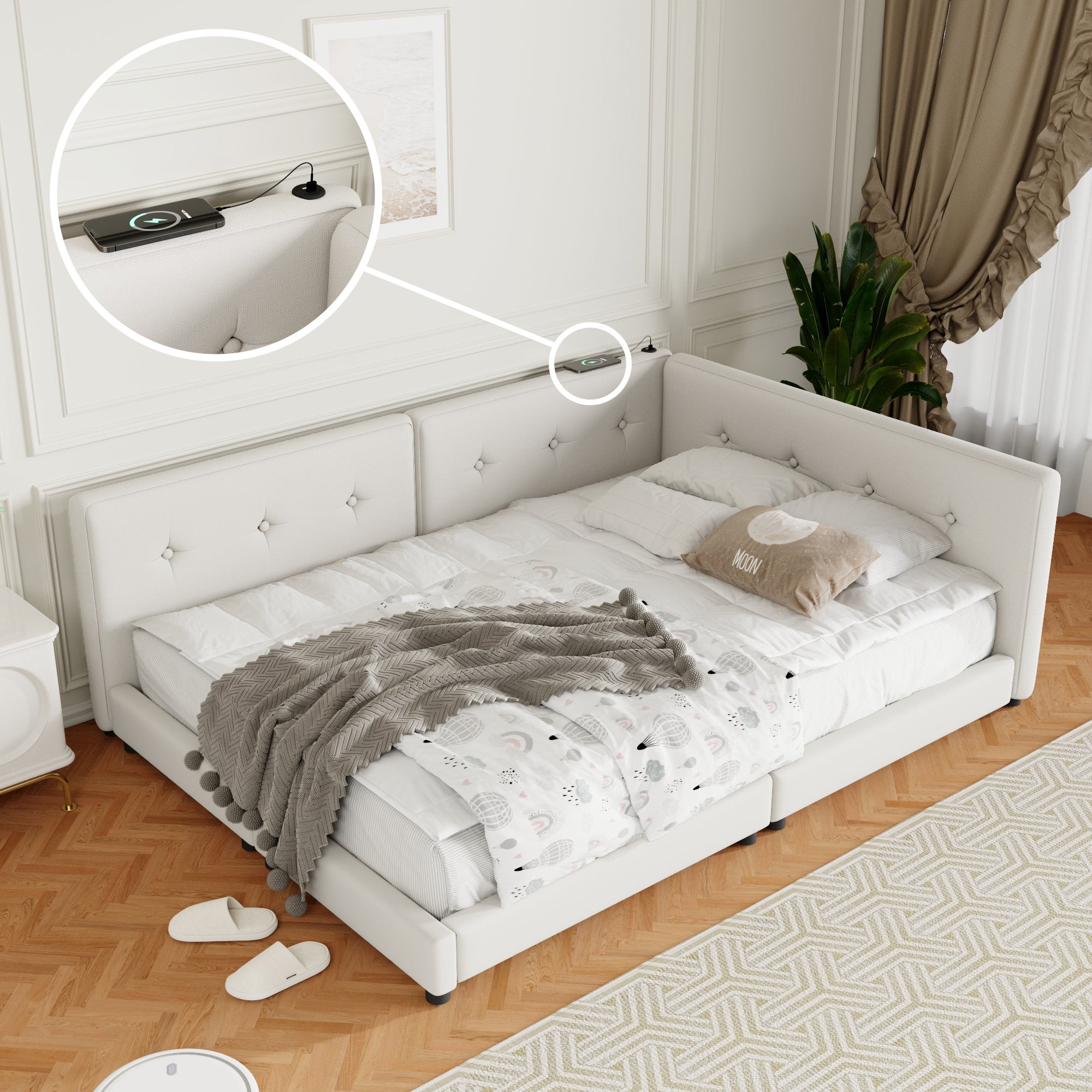 Upholstered Queen Size Platform Bed with USB Ports