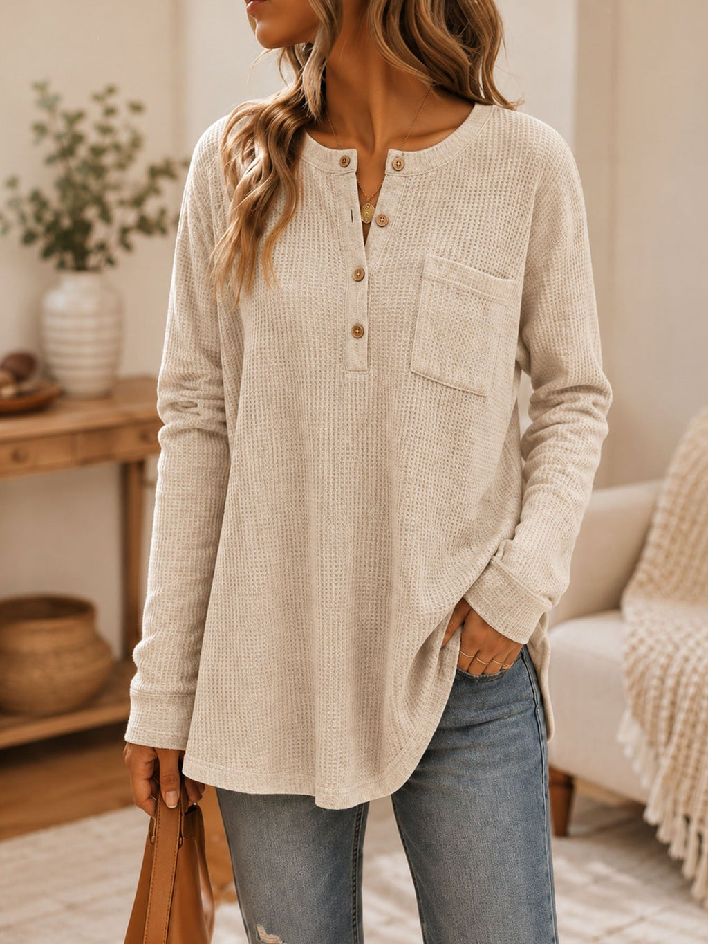 Anno Fashion New Solid Waffle Knit Long Sleeve Top With Pockets & Buttons