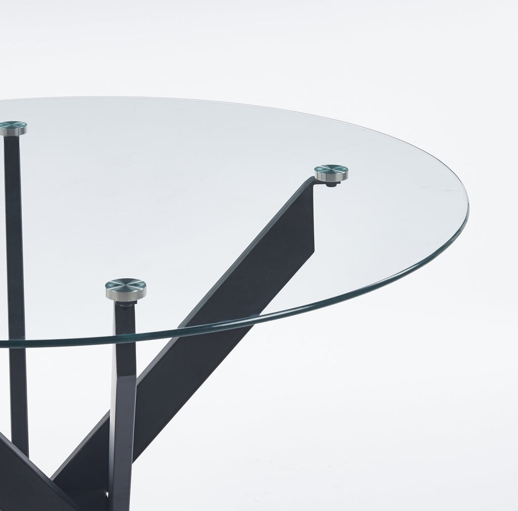 Black Dining Table with Cross Metal Leg and Tempered Glass
