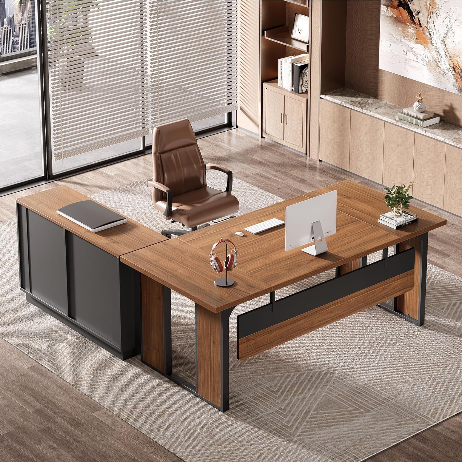 63-Inch L-Shaped Executive Desk with 47-Inch File Cabinet