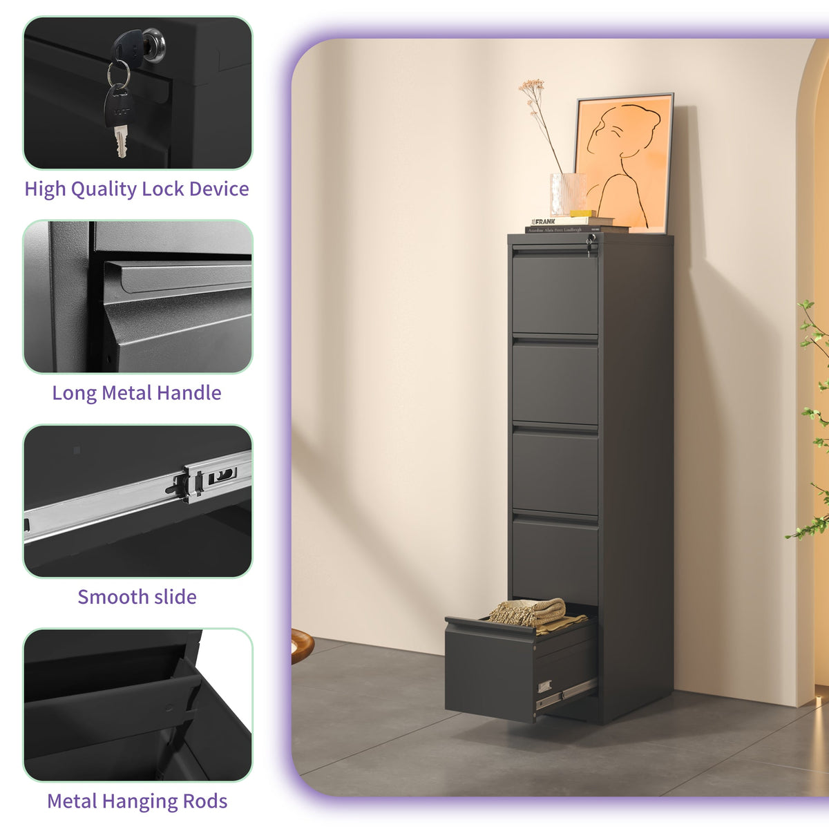 5 Drawer Metal Vertical File Cabinet with Lock