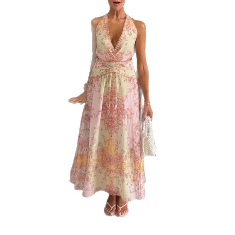 Women's Fashionable Printed V-Neck Halter Dress