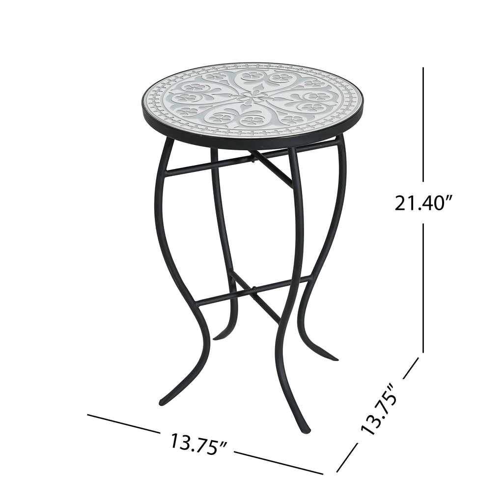 Outdoor Round Side Table with Mosaic-Style Top and Curved Iron Legs