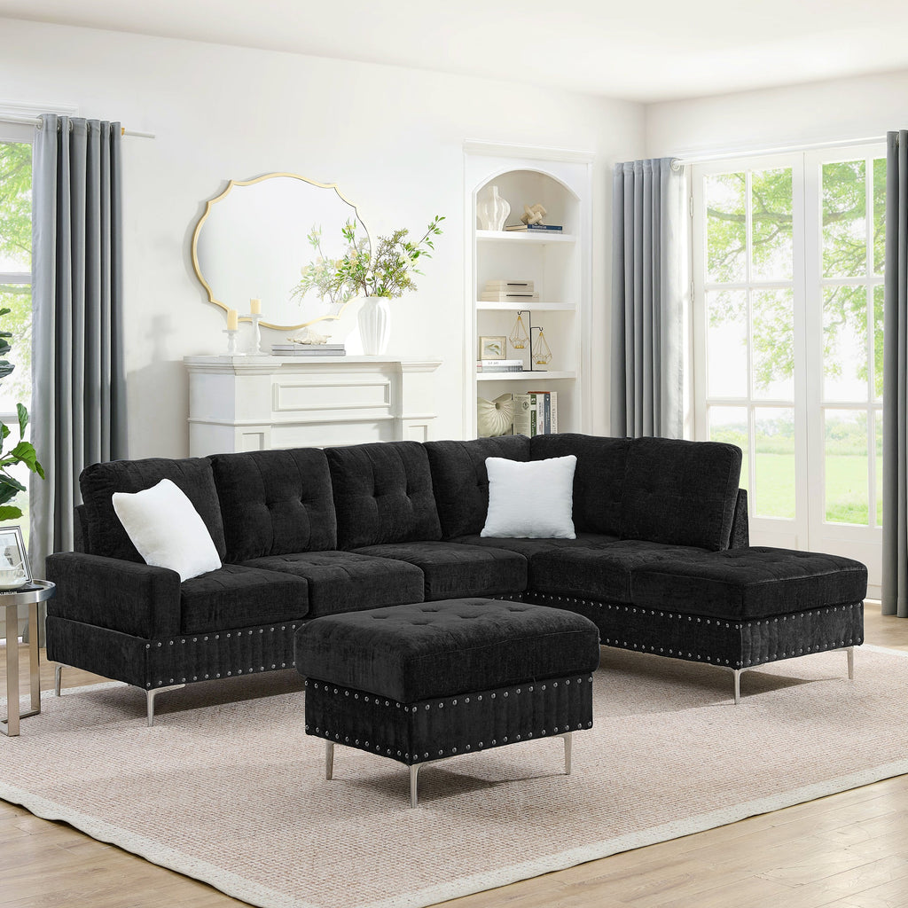 L-Shaped Chenille Sectional Sofa with Chaise and Storage Ottoman