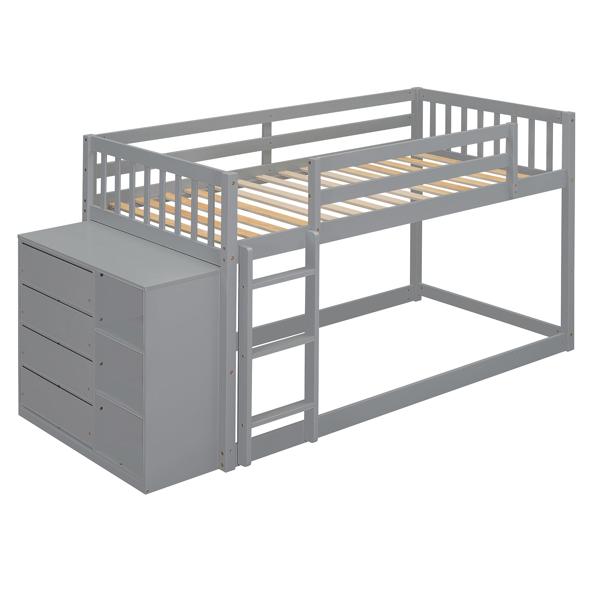 Twin Over Twin Bunk Bed with 4 Drawers and 3 Shelves - Gray