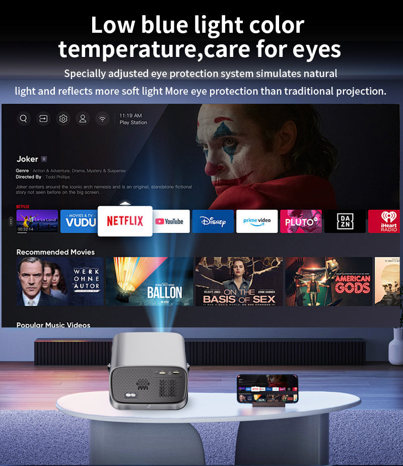A10 Portable Smart Projector, Native 720P Support 4K Decoding, Android 14 System Auto Focus Auto Keystone Correction, Dual Band WiFi6 Bluetooth 5.4 Home Theater Projector With Rotatable Stand For Home