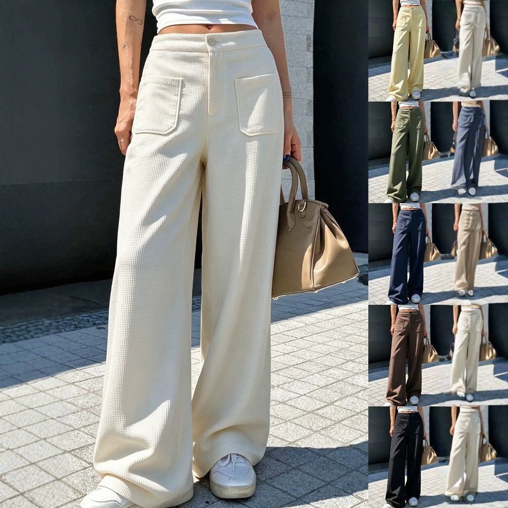Women's Casual Loose-fit Waffle-knit Multi-color Wide-leg Pants