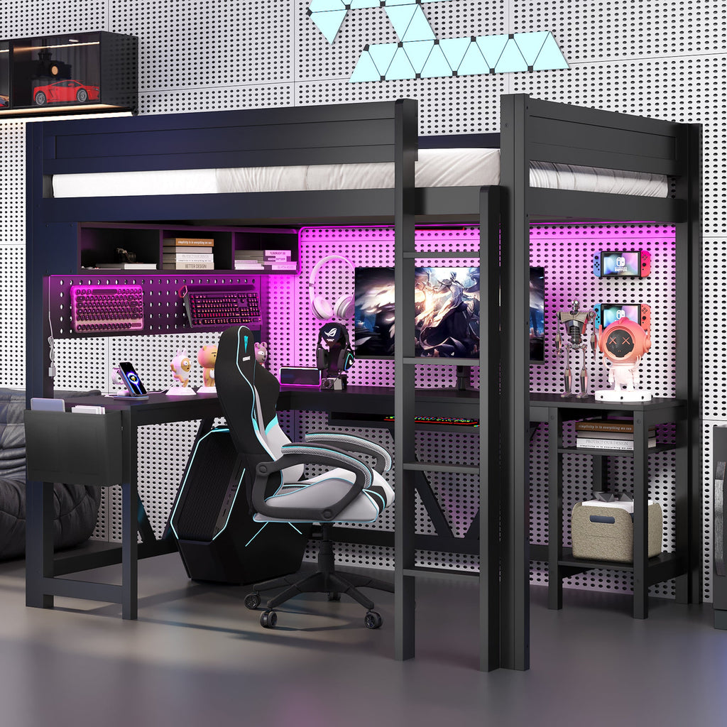 Wood Full Size Gaming Loft Bed with Desk, Storage Shelves, LED and Charging Station