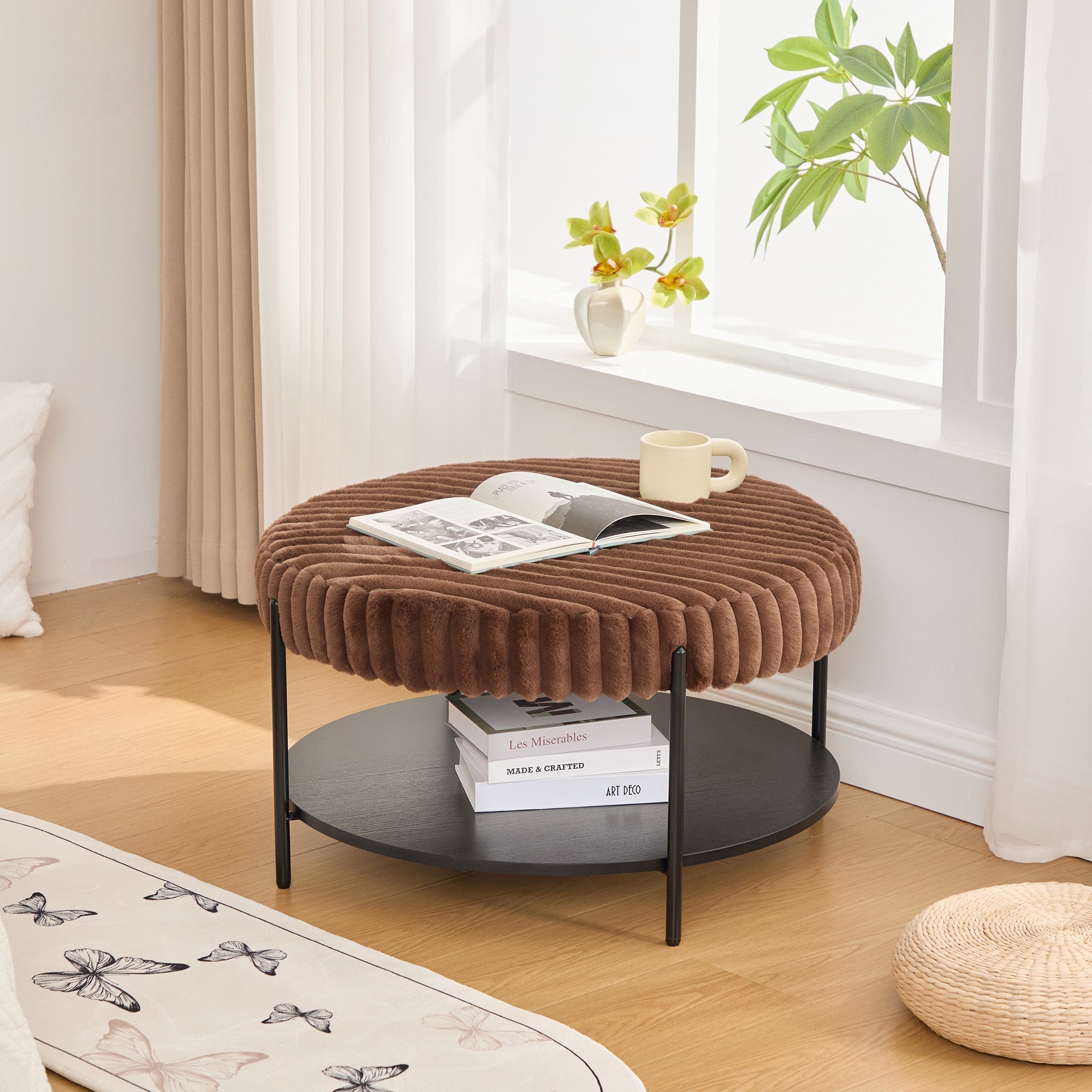 30.9" Wide Upholstered Round Ottoman Coffee Table Foot Rest