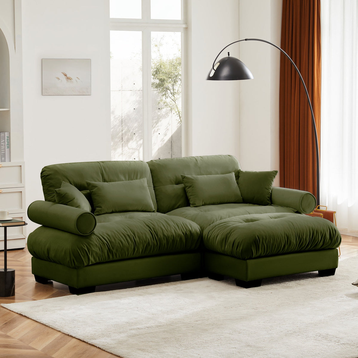 Over Size Modern Two-Seater Sofa with Ottoman in Olive