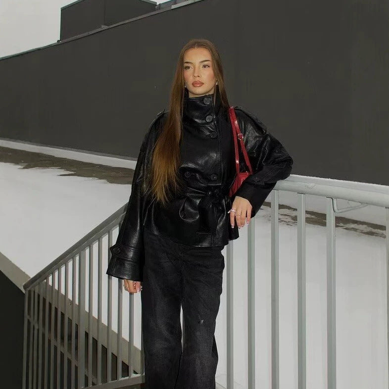 Womens AutumnWinter Double-Breasted Leather Jacket
