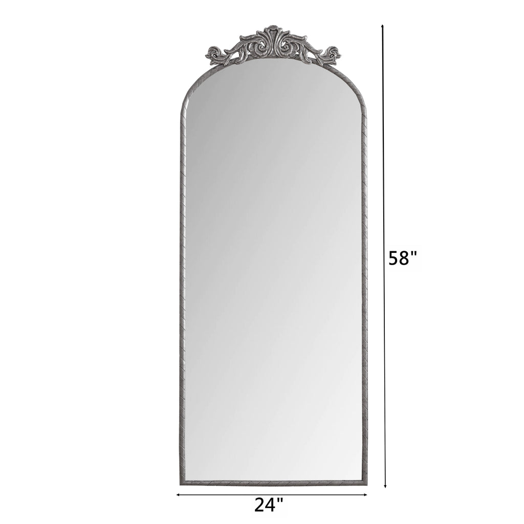 58" x 24" Arched Full Body Mirror with Vintage Ornate Carved Applique