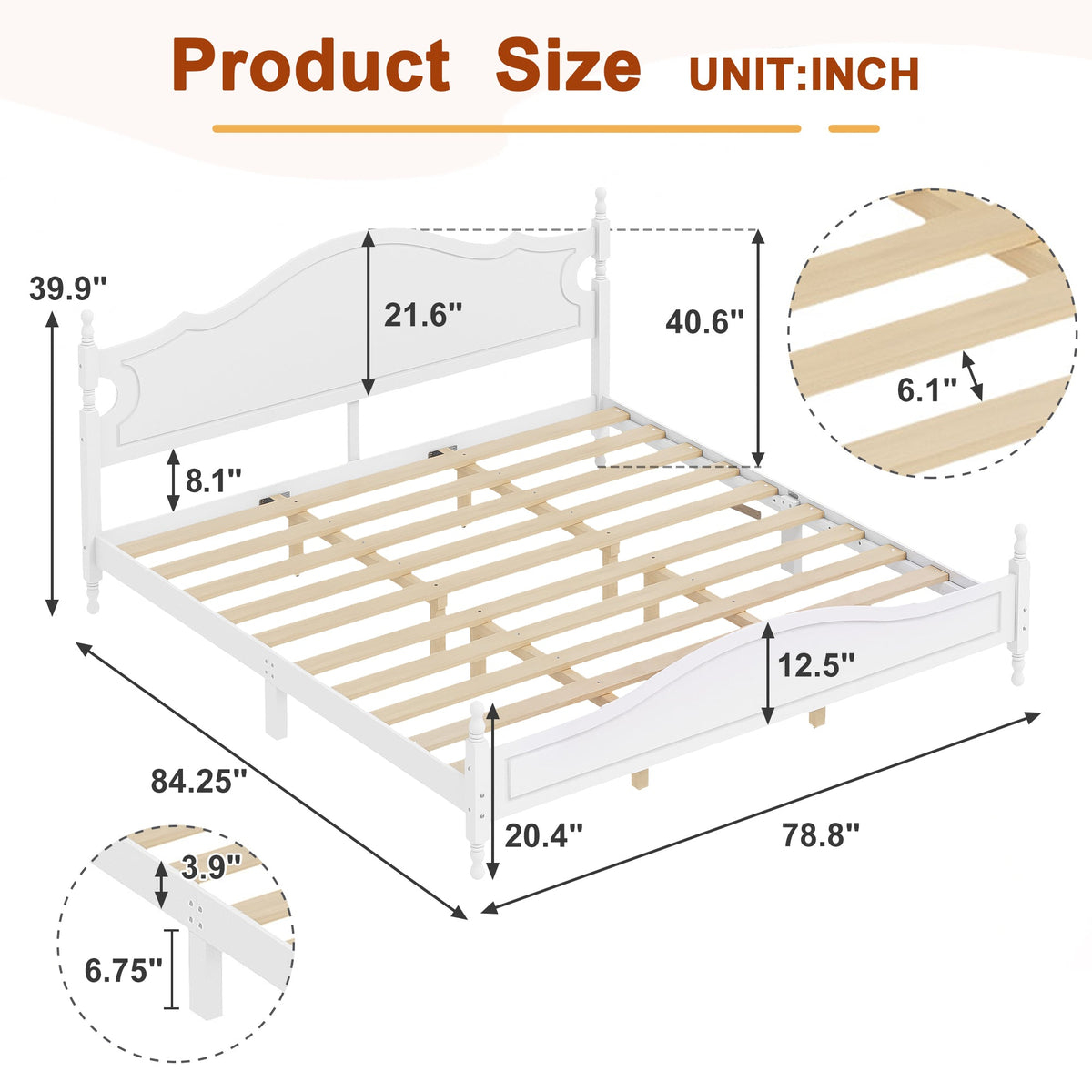 Retro Style King Bed Frame with Headboard