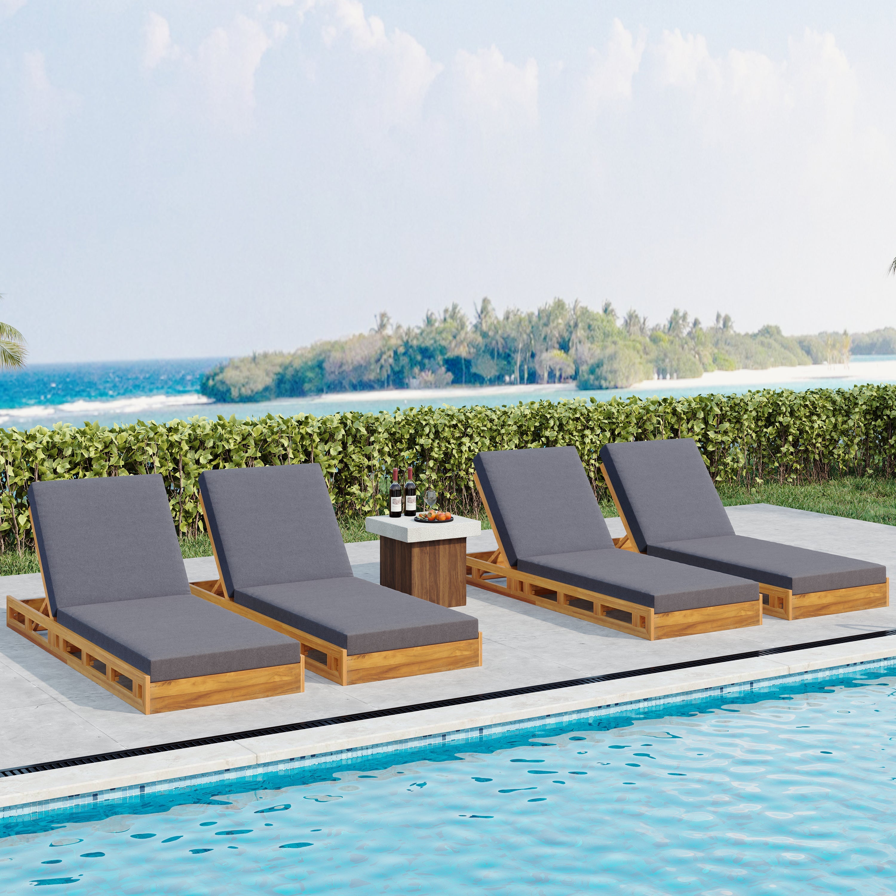 Lounge Chaise Set, Acacia Wood with Water-Resistant Lounge Cushions