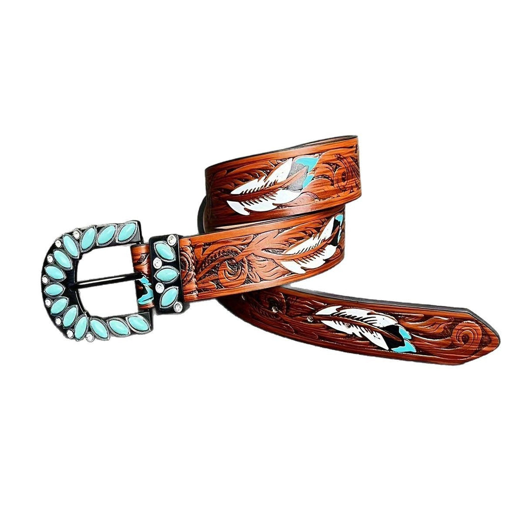 Women's Leather Belt Retro Medieval Turquoise Buckle Waistband Ladies Cowgirl Leather Belt In Stock Wholesale