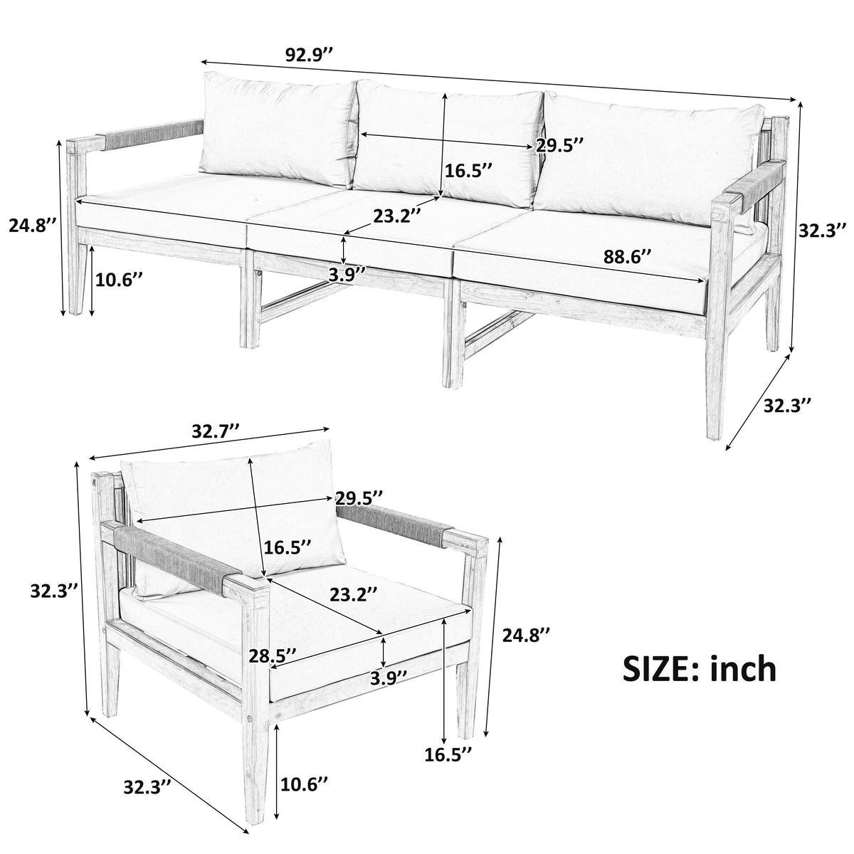 3 Pieces Outdoor Sectional Sofa Set