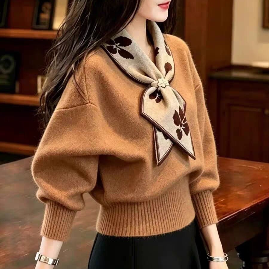Bow-knot Collar Warm Knitted Sweater For Women