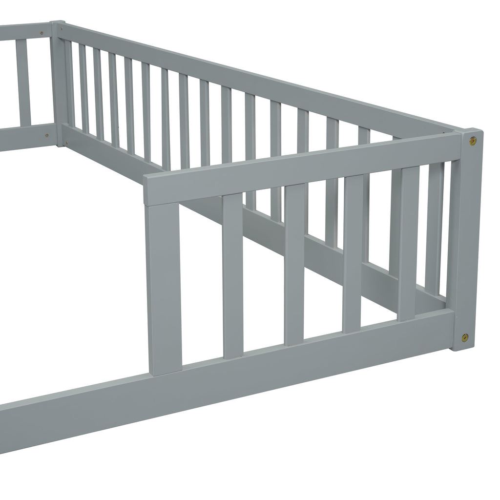 Double Twin Floor Bed with Fence, Guardrails, without Door