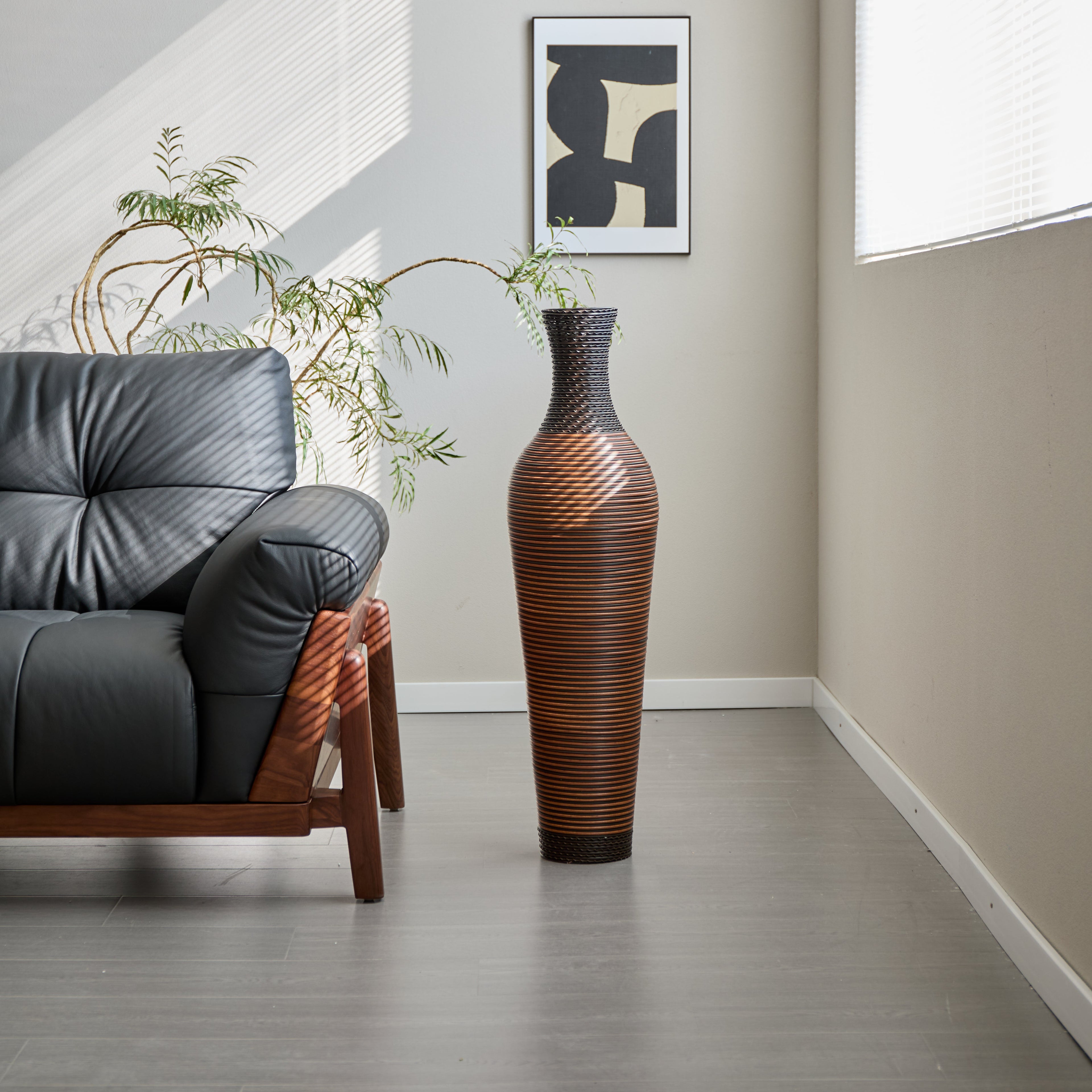 Hand-Woven PVC Rattan Floor Vase, 39 Inch Tall