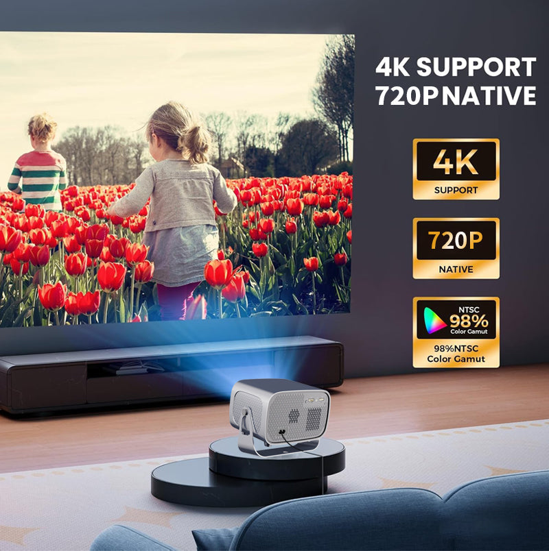 A10 Portable Smart Projector, Native 720P Support 4K Decoding, Android 14 System Auto Focus Auto Keystone Correction, Dual Band WiFi6 Bluetooth 5.4 Home Theater Projector With Rotatable Stand For Home