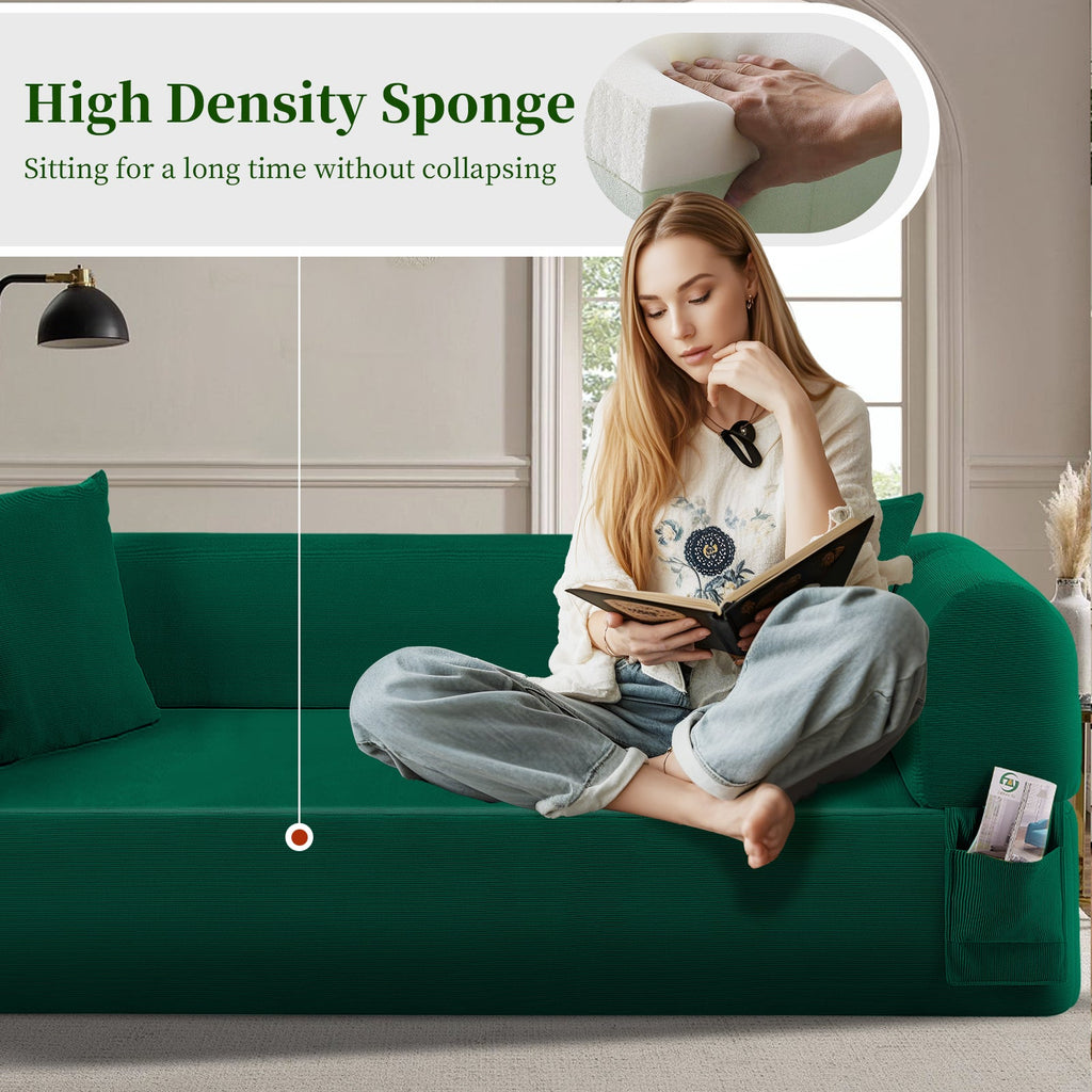 Spring Sofa with High-Quality Fabric, Pillows & Storage - Green