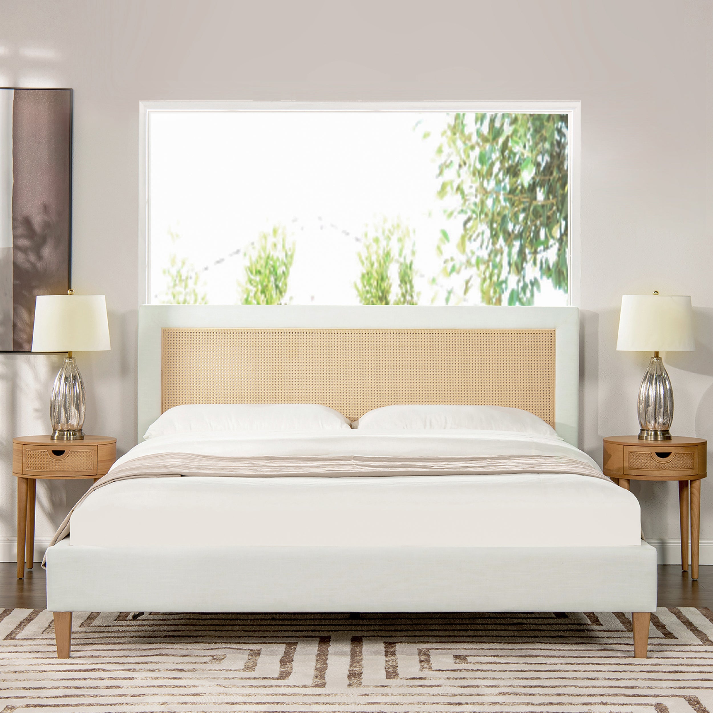 Haley Upholstered Cane-Back Platform Bed, King, Antique