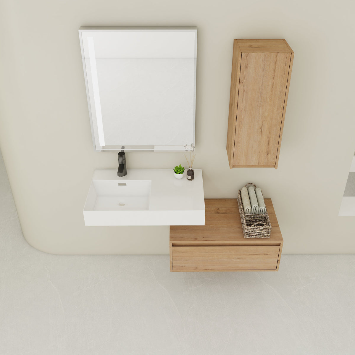30 Inch Wall-Mounted Bathroom Vanity with Resin Sink and Side Cabinet