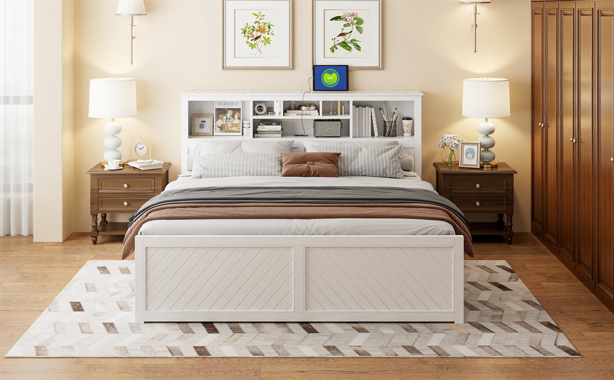King Size Wood Platform Bed with Multi-storage Headboard, USB and Drawers
