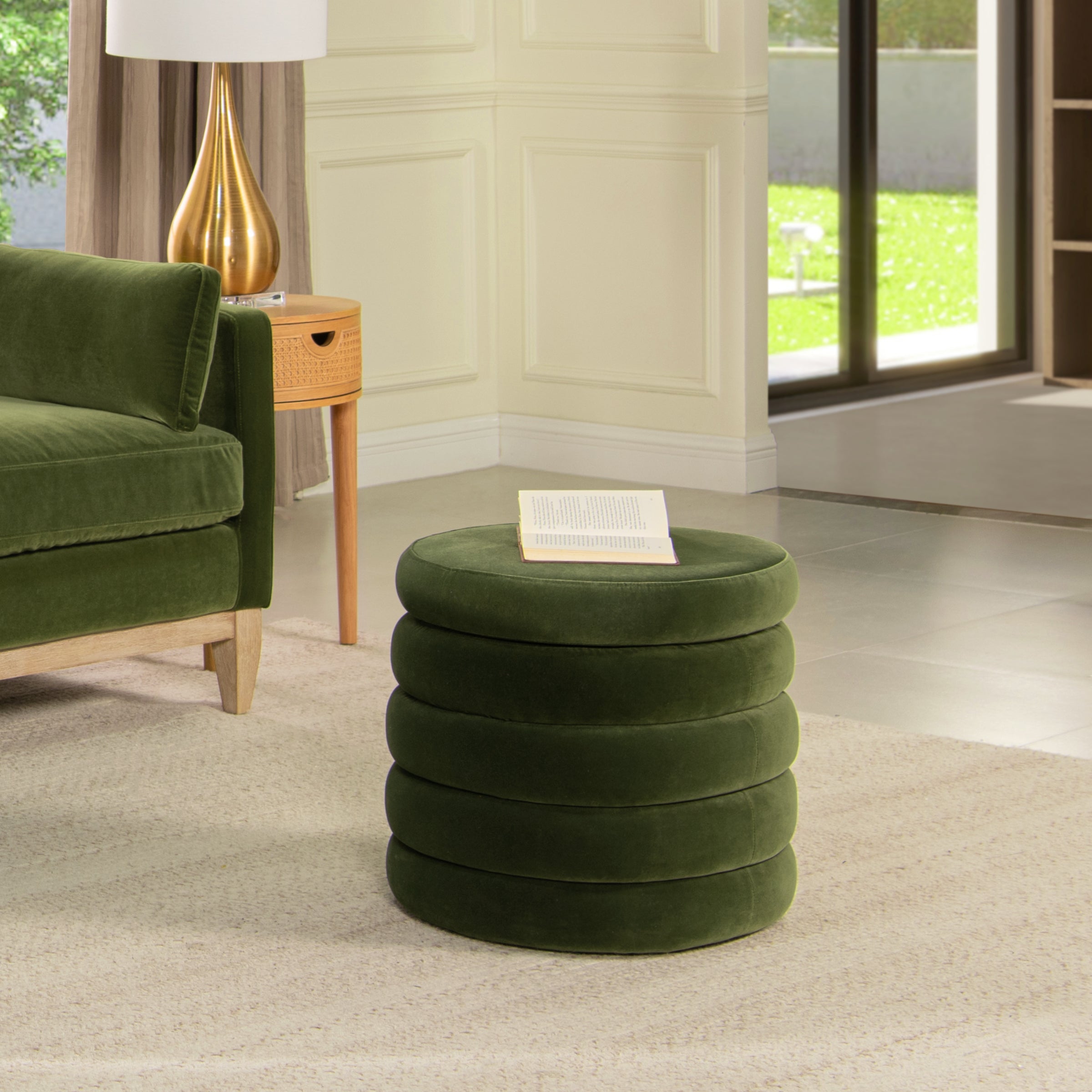 Fuji 19" Oversized Round Storage Ottoman, Olive