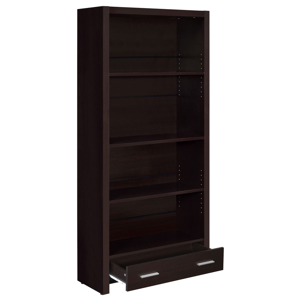 Maureen Cappuccino 5-Shelf Bookcase with Drawer