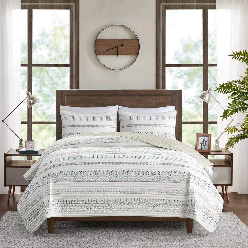 3 Piece Seersucker Quilt Set Taupe/Blue Full/Queen