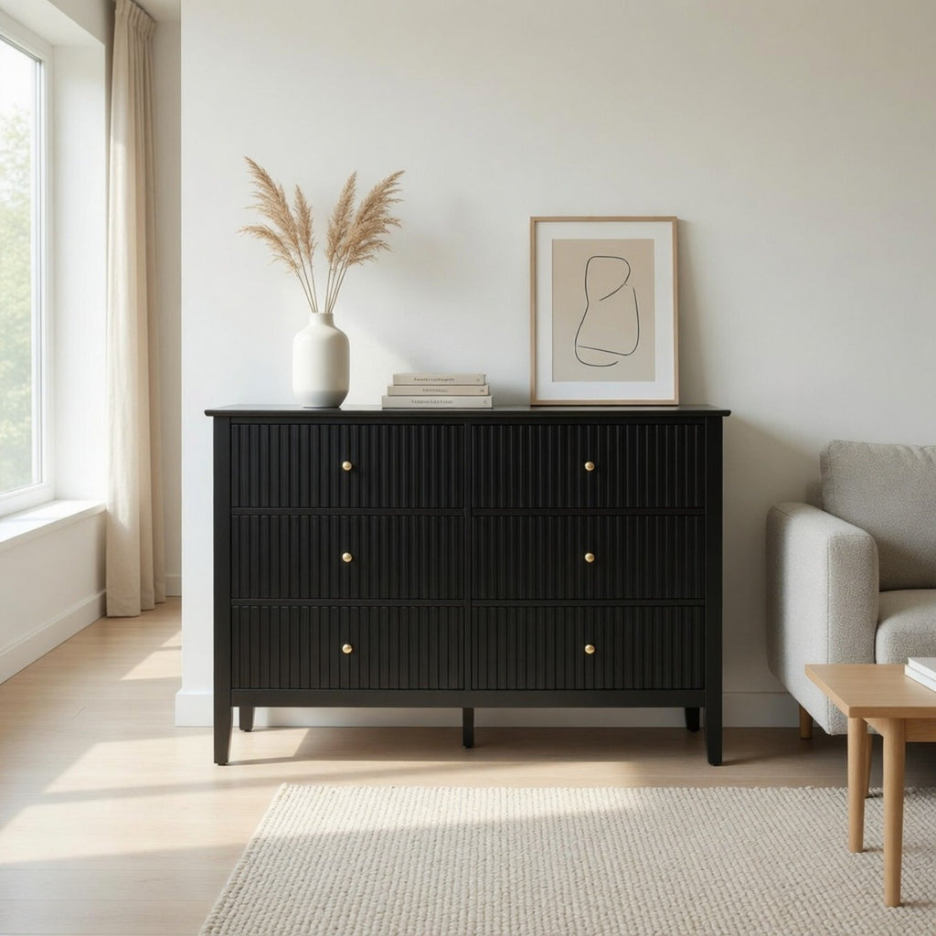 47.2" Wide Black 6-Drawer Fluted Dresser