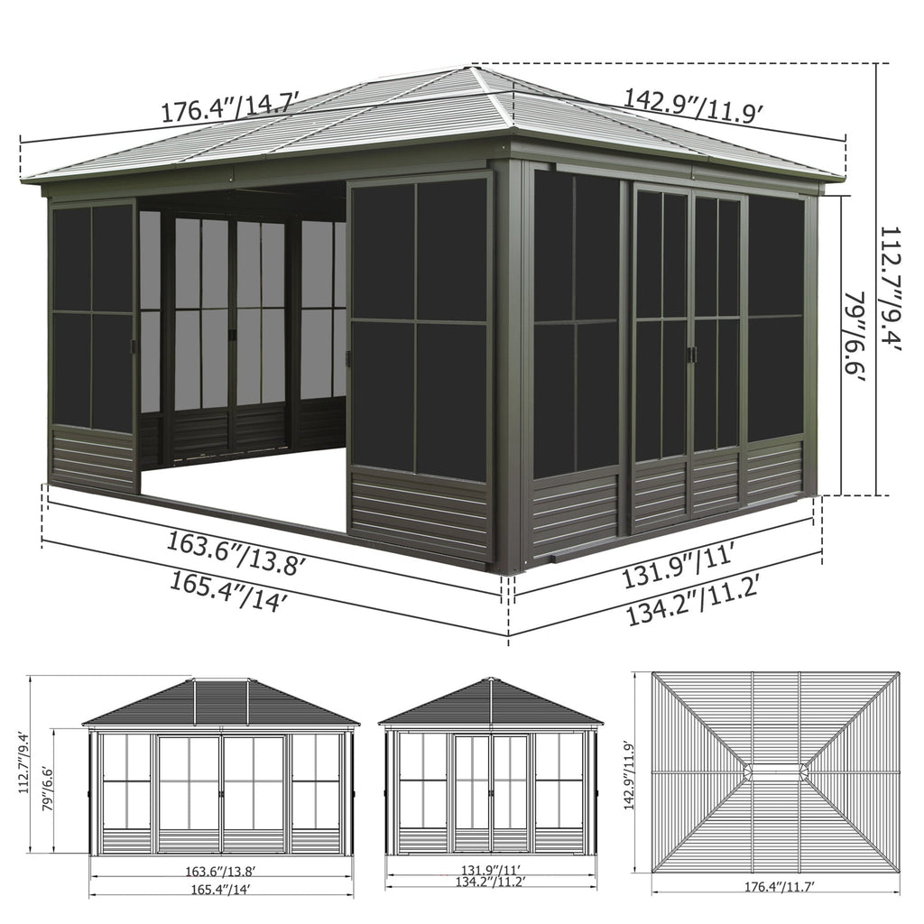 12x14FT Outdoor Sunroom, Galvanized Steel Hardtop Gazebo