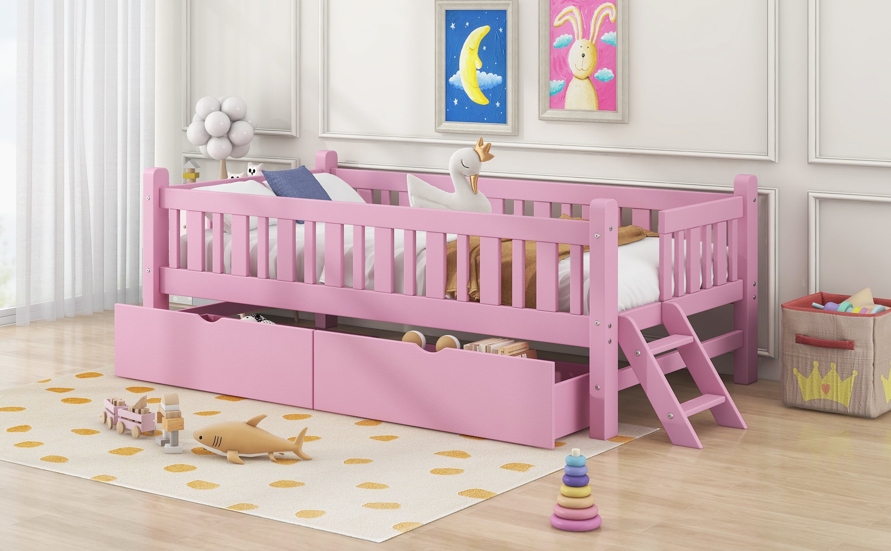 Wood Twin Size Platform Bed with Guardrail and 2 Drawers