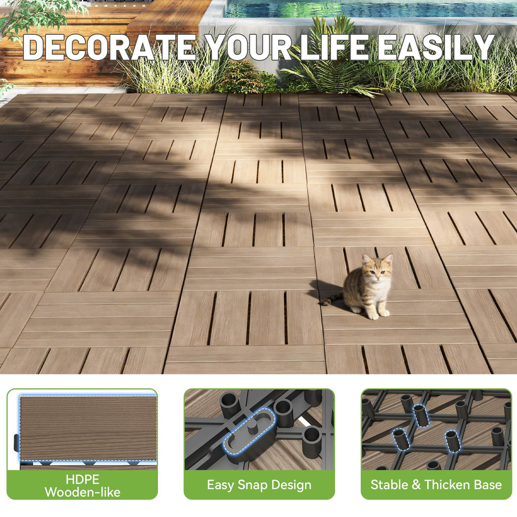 44 Pcs Interlocking Deck Tiles, 12" x 12" HDPE Outdoor Flooring
