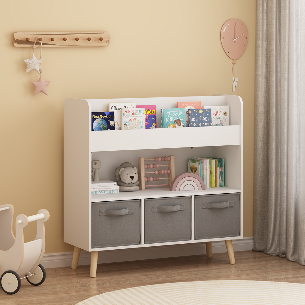 Kids Bookshelf with 3 Fabric Bins