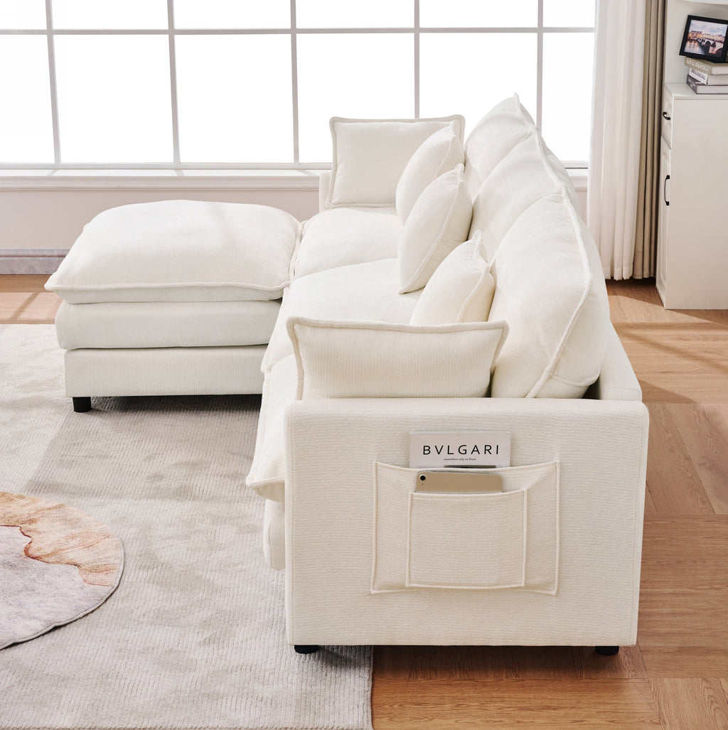 Chenille Modular Three-Seater Sofa with Movable Footstool