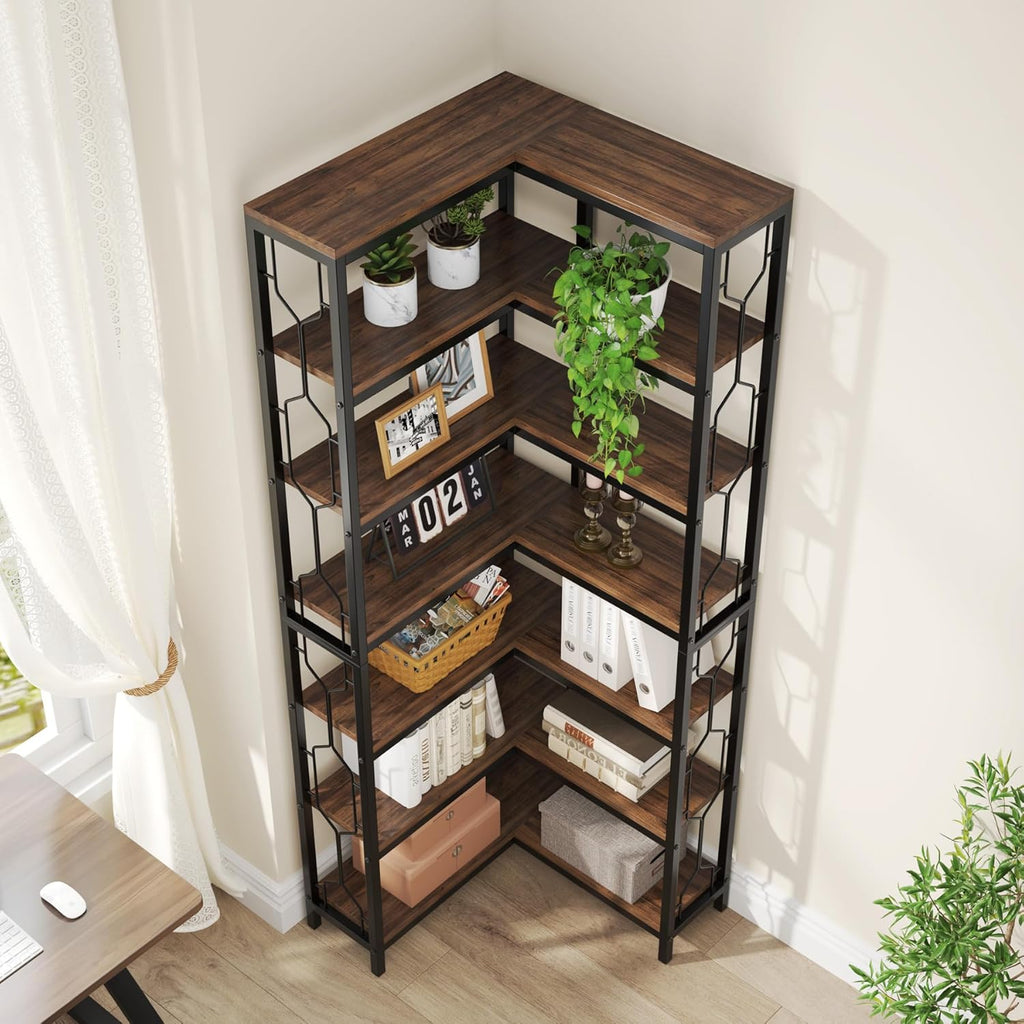 Stylish 7-Tier Industrial Corner Bookshelf