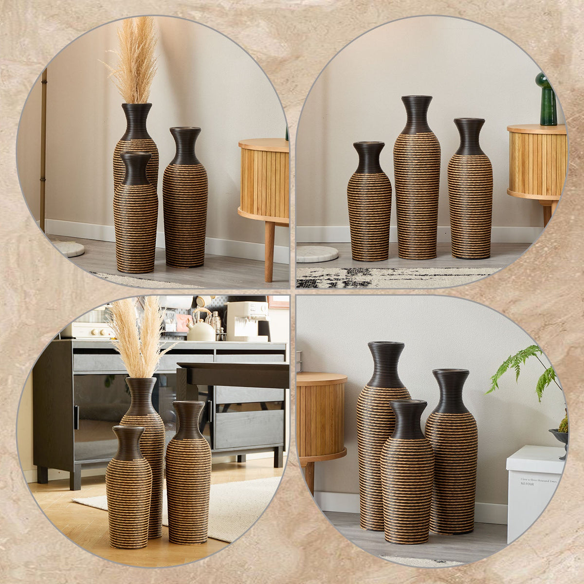 Hand-Woven PVC Rattan Vases, Set of 3 Decorative Floor Vases