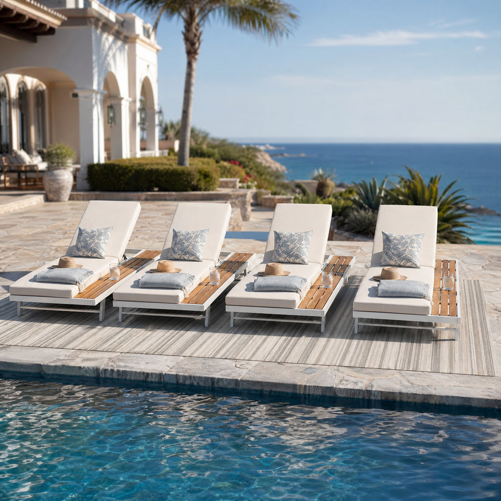 White Iron and Teak Finish Chaise Lounge Set