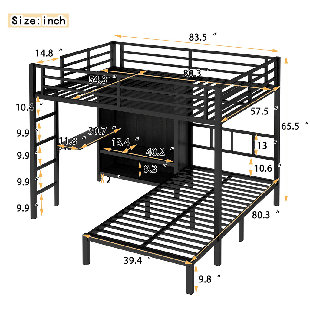 Full XL Over Twin Metal Bunk Bed with Folding Desk and LED Closet