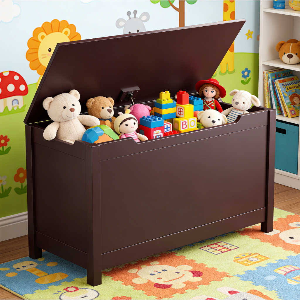 Kids Wooden Toy Box Storage with Safety Hinged Lid for Ages 2+