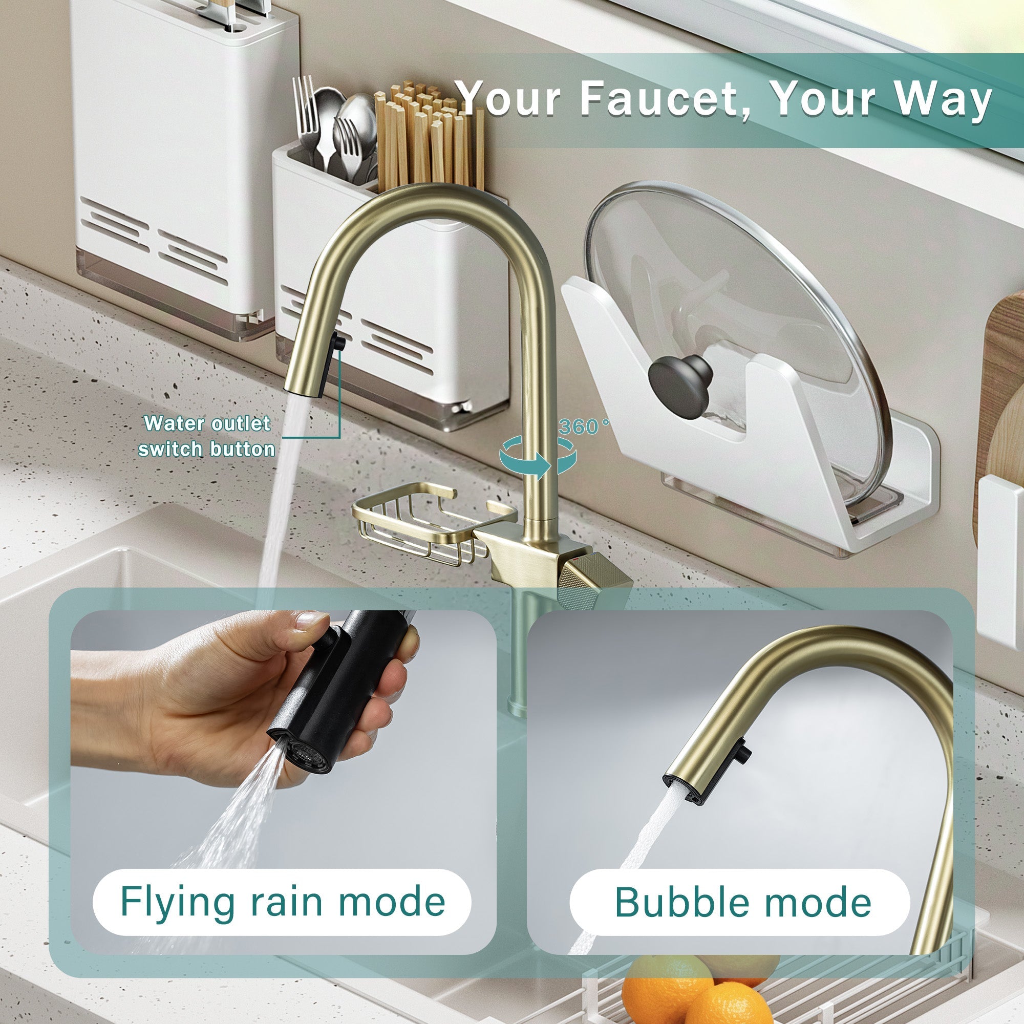 High Arc Pull-Down Kitchen Faucet - Brushed Gold