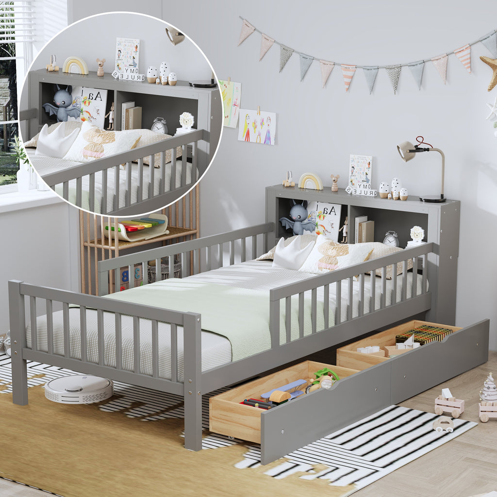 Twin Size Bed with Headboard Storage Rack and Under-Bed Drawers