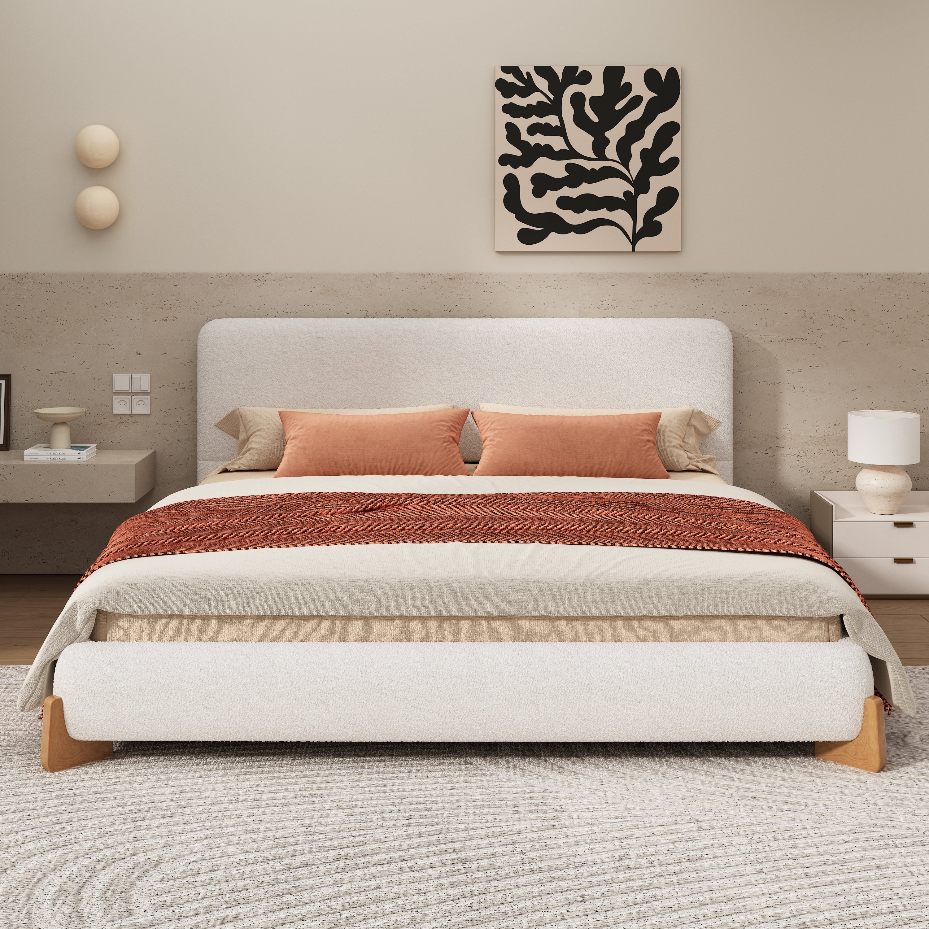 Elegant Boucle Upholstered Bed in Queen Size