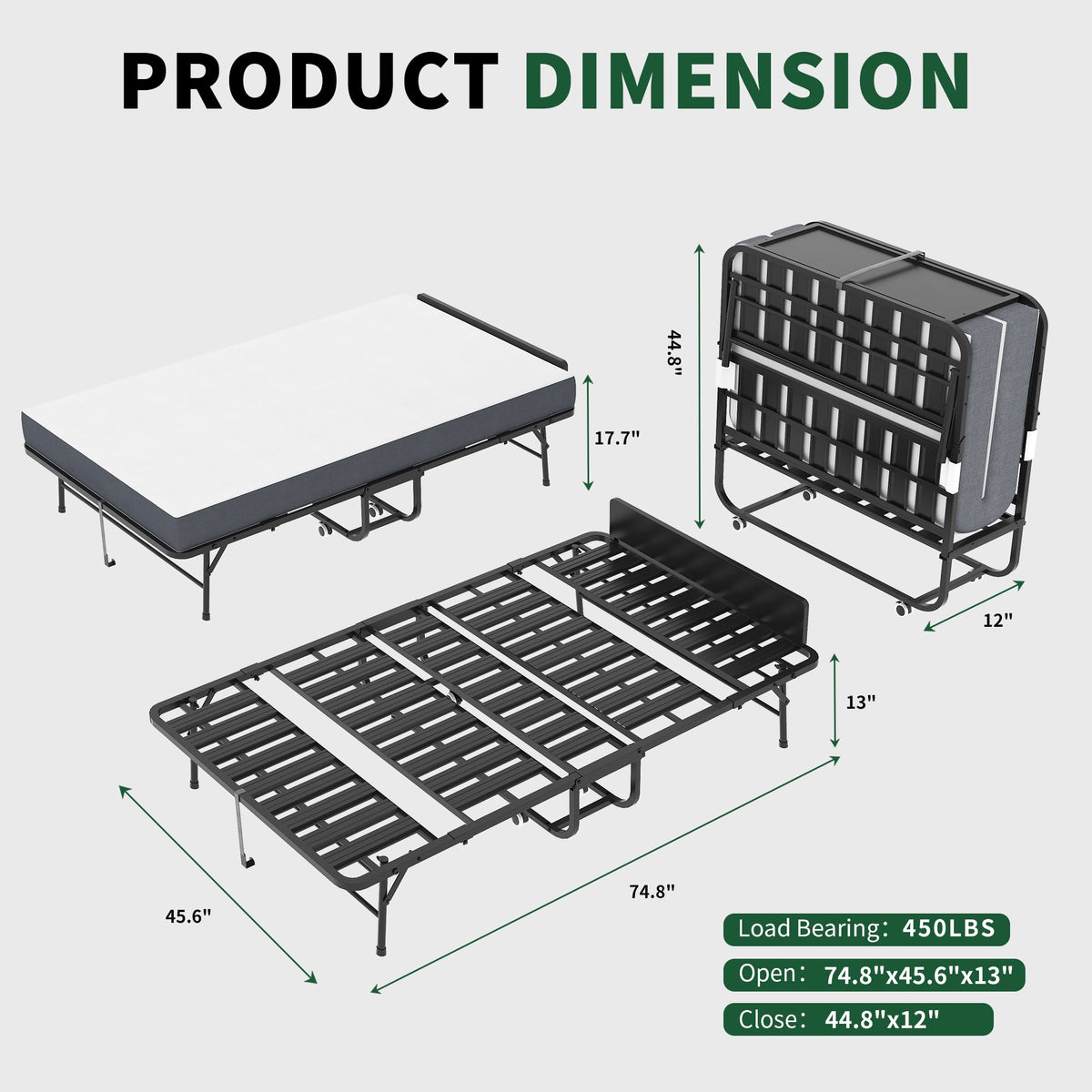 75"x46" Wide Folding Bed with Adjustable Headboard