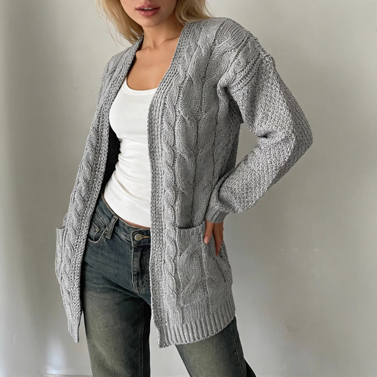 Solid-color Cable-knit Pocket Jacket For Women