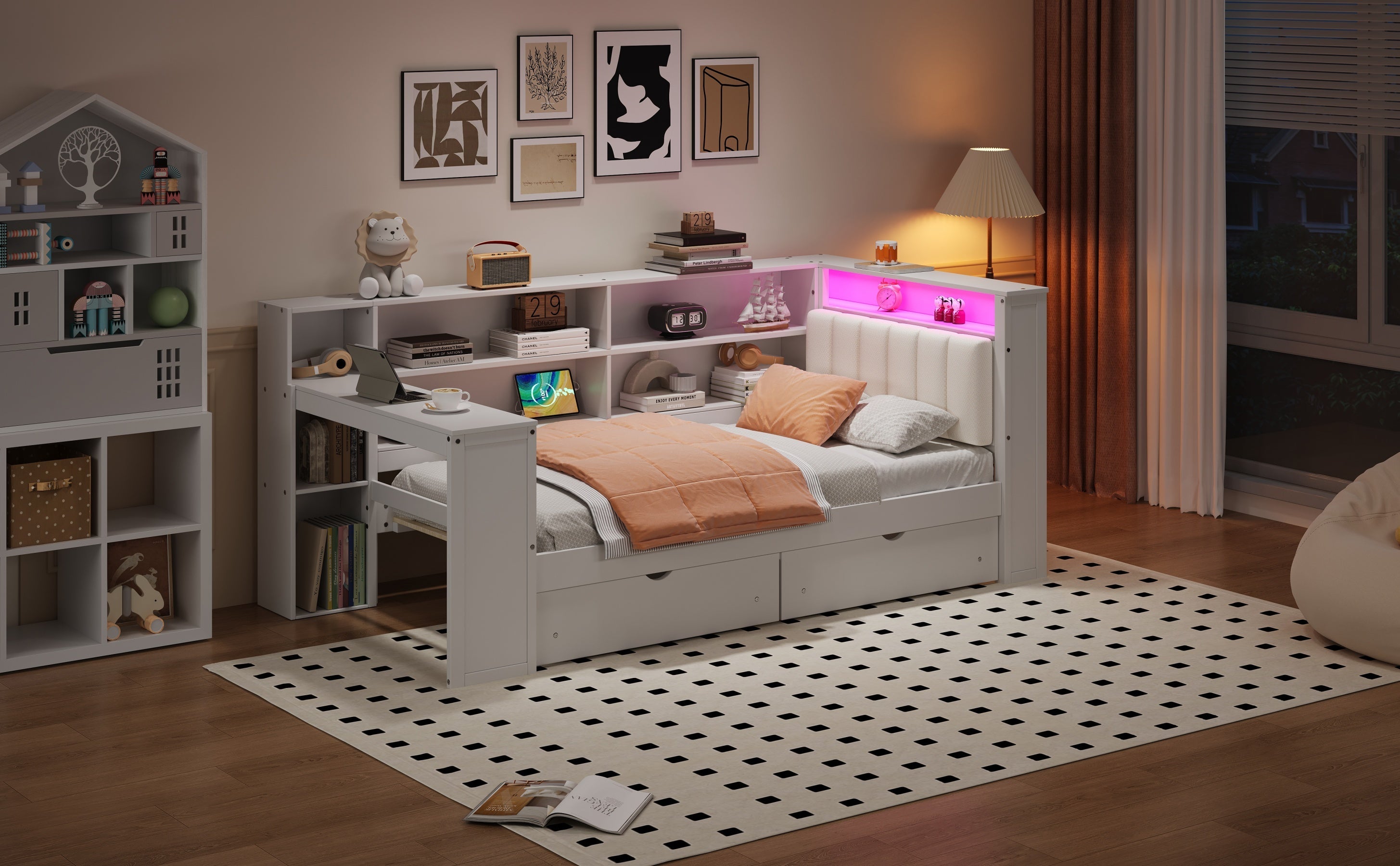 Wood Twin Size Platform Bed with Storage Shelves, Drawers, and LED