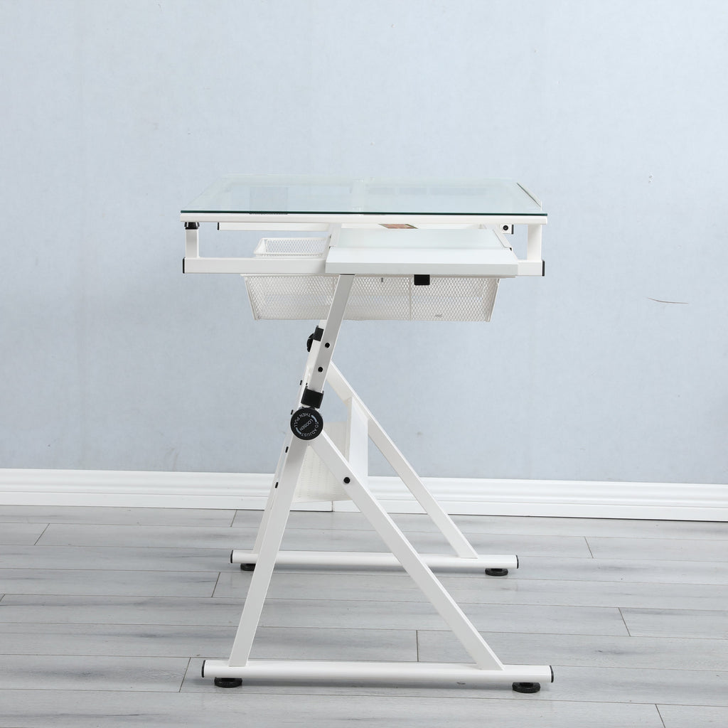White Adjustable Tempered Glass Drafting Table with Chair