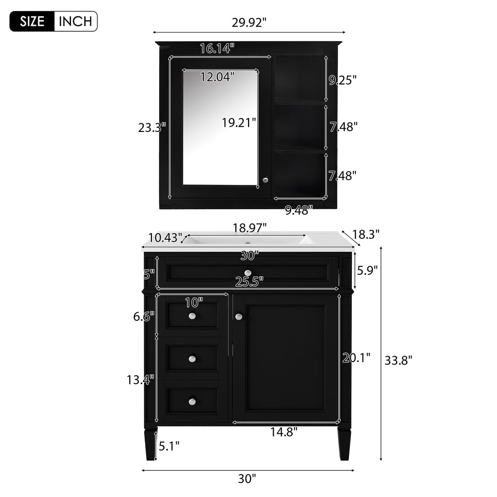 30" Bathroom Vanity with Top Sink, Modern Storage Cabinet